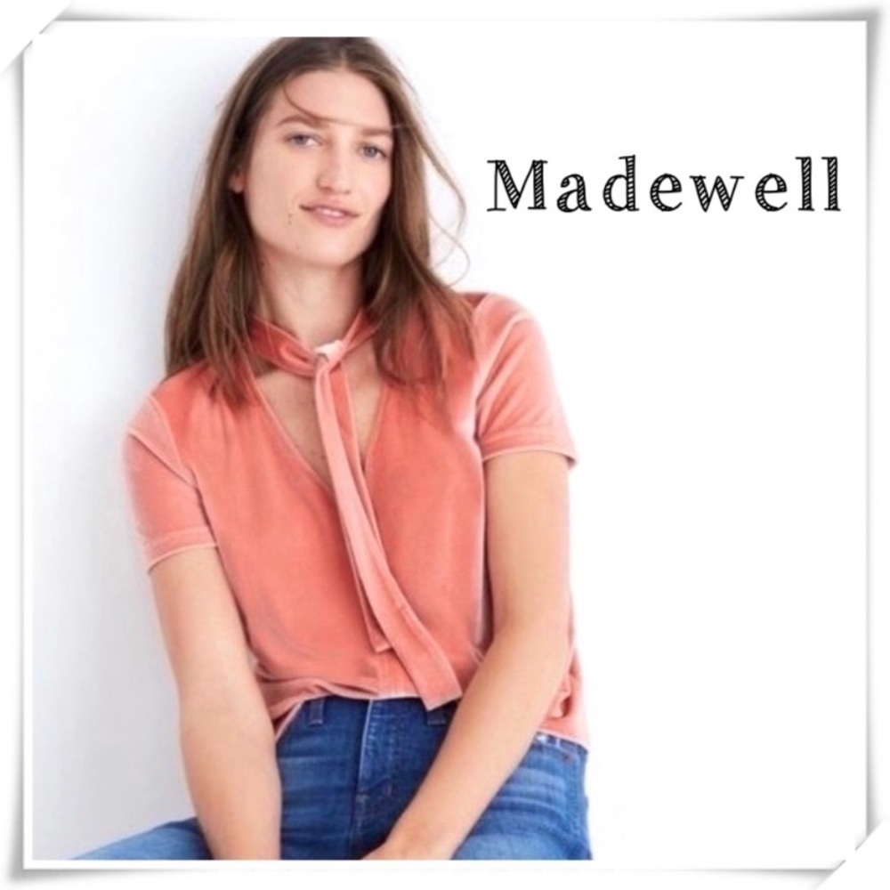 Madewell Velvet Front Bow Tie Neck Top T-Shirt Orange